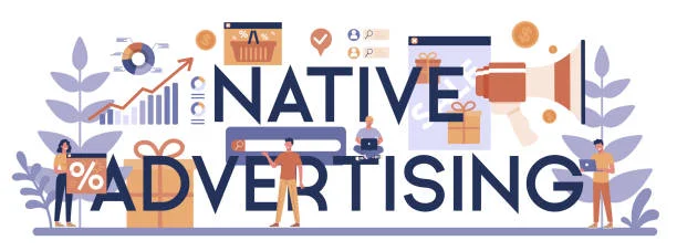 A detailed and colorful illustration representing the concept of native advertising. The image features the words 'NATIVE ADVERTISING' in large, bold letters, surrounded by small figures of people engaging in various activities related to digital marketing and advertising. These include analyzing data, using laptops, and handling icons symbolizing shopping, discounts, and social media interactions. The scene is adorned with decorative elements like leaves and geometric shapes, conveying a dynamic and interconnected digital marketing environment.