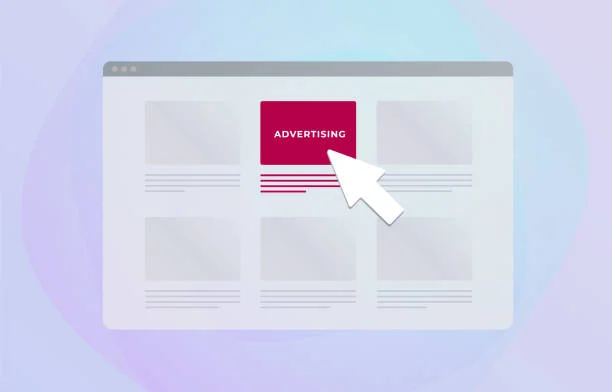 A simple and modern illustration of a generic web browser window on a soft gradient purple background. The window displays a webpage layout featuring a large, prominent banner at the top with the word 'ADVERTISING' in bold, red text. Below the banner are several empty gray boxes representing other content or ads on the page. A cursor arrow points directly at the red banner, highlighting it as the focus of the graphic, symbolizing targeted online advertising strategies
