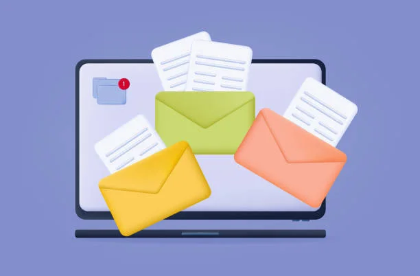 Illustration of an open laptop screen displaying a stylized email interface with colorful envelope icons in green, yellow, and orange, and several white papers flying out of the envelopes. A notification icon shows one unread message, symbolizing active email engagement. This image represents the use of email marketing as a tool to enhance website traffic, depicted through a vibrant and interactive visual metaphor