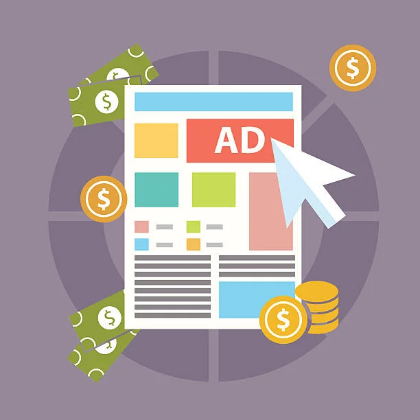 Flat design illustration depicting an online advertising theme. The image shows a stylized webpage layout with a large 'AD' banner in the center, a cursor pointing at it. Surrounding the webpage are symbols of currency, including dollar bills and coins, illustrating the financial rewards of effective ad placement. The overall design, set against a muted purple circle, highlights the monetary gains from converting clicks into revenue through strategic push ads