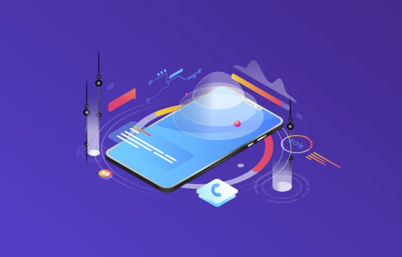 Futuristic illustration of a smartphone on a vivid blue and purple background, featuring abstract and dynamic graphical elements. The phone displays a stylized user interface with lines and dots that suggest connectivity and data transfer. Surrounding the device are various icons and shapes, including circles and sweeping curves, symbolizing the reach and impact of push ads in a digital marketing campaign. This image emphasizes the advanced technology involved in targeting and delivering ads to users