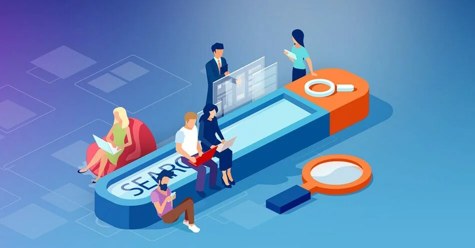 Isometric illustration of four professionals engaging with digital marketing tools on a large, abstract 'search' icon platform. Two men and two women are depicted using laptops and digital interfaces, surrounded by oversized search-related elements such as a magnifying glass and digital data displays. The setting suggests a focus on search engine optimization and online traffic analysis, emphasizing the concept of traffic monetization in a visually engaging, tech-focused environment.