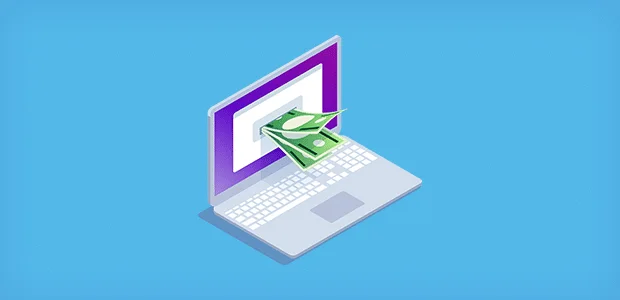 Isometric illustration of an open laptop with a bill of money emerging from its screen, symbolizing online earnings. The laptop is set against a simple blue background, emphasizing the concept of making money through digital means. The image represents the potential financial rewards of using online platforms for traffic monetization, as suggested by the direct visual metaphor of cash directly coming out of the digital screen.