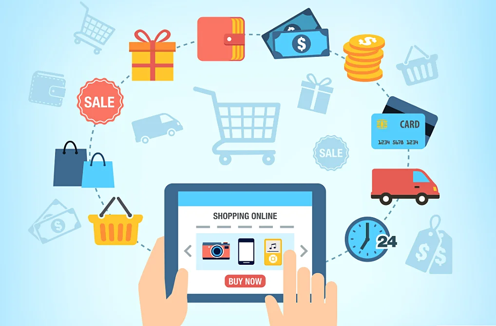 Colorful illustration for ‘ForShop – Your Ultimate Online Shopping Destination’ featuring hands holding a tablet with a ‘BUY NOW’ button, and icons representing shopping elements such as carts, bags, sale tags, gifts, and delivery trucks on a light blue background, symbolizing the vibrant and interconnected nature of online shopping
