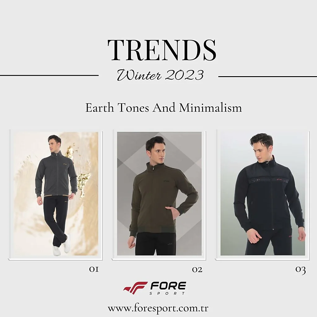 The image is a promotional graphic for Foresport's Winter 2023 fashion collection, emphasizing "Trends" in earth tones and minimalism. There are three male models, each showcasing a different athletic outfit. Number 01 features a model in a dark grey jacket and trousers with white sneakers. Number 02 shows a model in an olive green turtleneck sweater and black pants. Number 03 presents a model in a black jacket with red detailing and black trousers. Each model is posed against a neutral, minimalist background which complements the clothing. The Foresport logo appears at the bottom alongside the website address www.foresport.com.tr, indicating a Turkish domain. The overall design suggests a sleek and modern aesthetic for the brand's athletic wear.