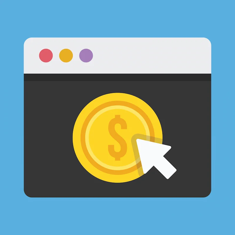 Illustration of a web browser window with a large golden coin featuring a dollar sign, and a cursor pointing towards it, set against a light blue background, representing website monetization