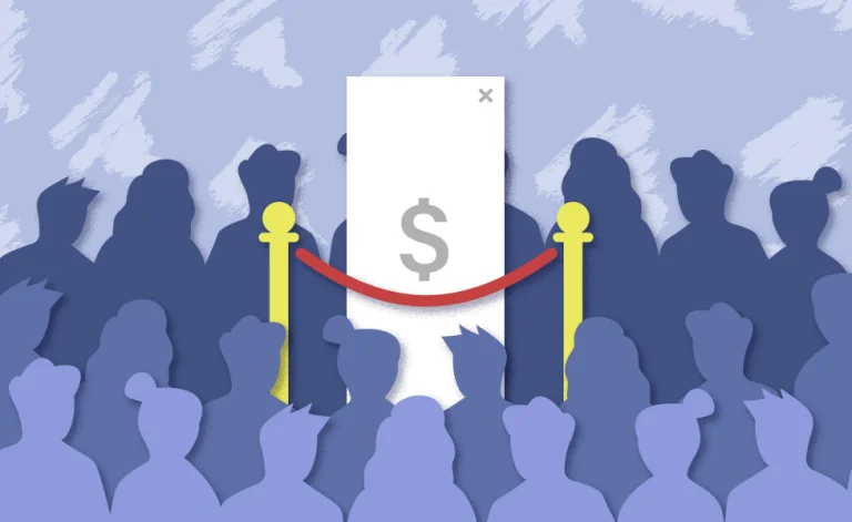 Stylized illustration of a pop-up ad with a dollar sign on a screen barriered by a velvet rope, in front of a crowd of shadowed figures. The image suggests exclusive or premium content being unveiled to an audience, relating to strategies for increasing revenue through CPM (Cost Per Mille) advertising