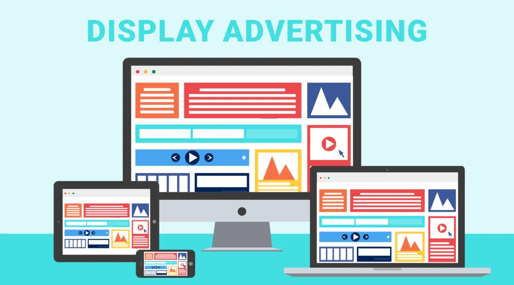 A collage of display advertising examples showcasing various products and services, including electronic devices, fashion items, and travel destinations. Each advertisement features vibrant visuals, catchy slogans, and compelling imagery aimed at engaging the audience and driving sales.