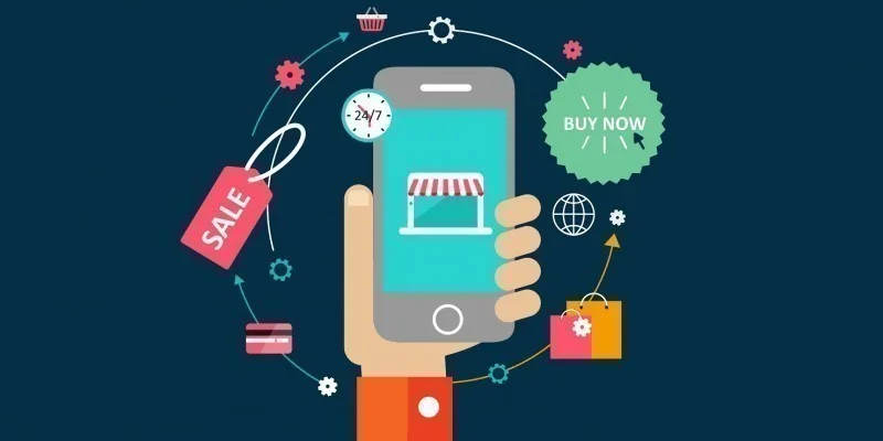 The illustration presents a hand holding a smartphone, with a dynamic array of icons orbiting around it against a dark blue background. These icons include a 'SALE' tag, a credit card, gears, a shopping basket, a 24/7 service sign, a storefront awning, a globe, and a 'BUY NOW' label, each connected by a looping line that suggests interconnectivity and the cycle of e-commerce activities. The image portrays the concept of mobile commerce, highlighting various aspects of online shopping and the accessibility of services around the clock