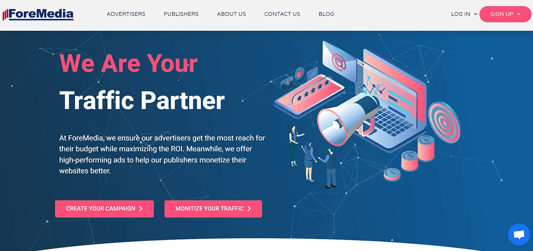 A vibrant website header for ForeMedia displaying a three-dimensional illustration on a dark blue background. The text 'We Are Your Traffic Partner' in large white letters dominates the upper left side. Below it is a short description of the services provided by ForeMedia for advertisers and publishers. On the right, there's a dynamic image of a laptop with various advertising and analytics icons, such as a magnifying glass on an email, a bullseye, and a megaphone. The laptop is surrounded by small human figures, suggesting teamwork and engagement. Two call-to-action buttons read 'Create Your Campaign' and 'Monetize Your Traffic' in the lower section. The ForeMedia logo is displayed at the top left corner.