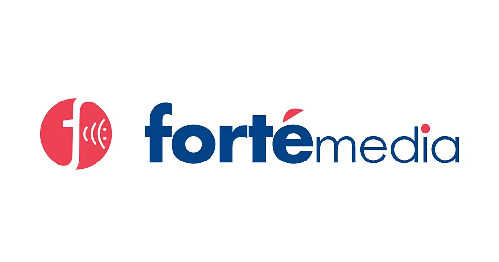 Logo of ‘ForteMedia’ featuring a red and white circular icon with sound waves emanating from the center, and the company name in bold blue letters with a red accent on the letter ‘e’.