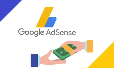 Illustration of two hands exchanging money against a background featuring the Google AdSense logo, symbolizing the earning potential through the AdSense program. The graphic suggests a transaction or payout, indicative of revenue earned from advertisements.