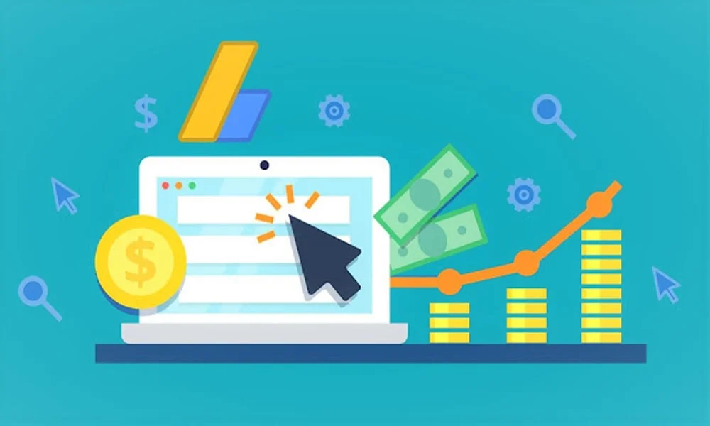 Bright and engaging illustration of a laptop with a cursor icon and a large coin with a dollar sign in the foreground, representing online earnings. Beside the laptop, a graph with upward-trending arrows and stacks of coins demonstrates increasing profits. Floating symbols like search icons, gears, and currency suggest the analytical and financial aspects of earning through Google AdSense for bloggers