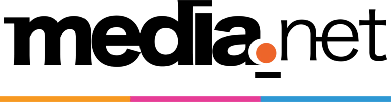 Logo of Media.net featuring the word 'media' in black bold letters and 'net' in grey, separated by a red dot. Below the text, a horizontal stripe displays a gradient of colors including orange, pink, and blue, symbolizing the brand's identity in digital advertising and media solutions