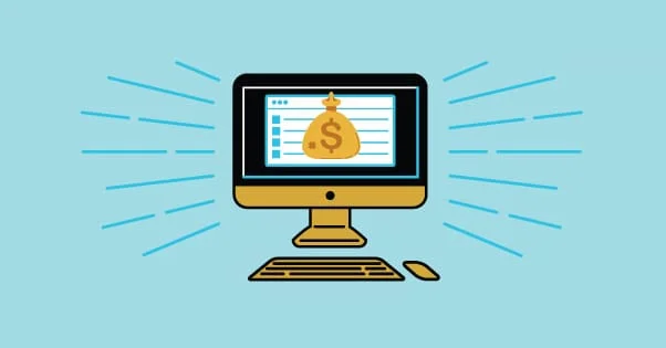 A simple and bold illustration of a desktop computer displaying a spreadsheet with a prominent dollar sign, suggesting financial management or revenue tracking. Radiating lines from the screen indicate significance or success, perhaps in the context of blog monetization strategies beyond traditional ad platforms like AdSense