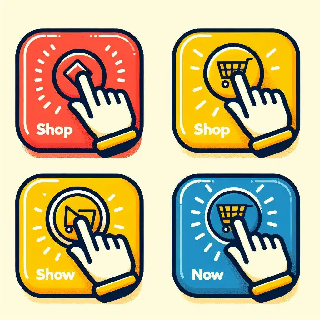 A set of four stylized, colorful buttons presented in a 2x2 grid, each depicting a hand icon pressing a button. The top-left button is red with the word 'Shop' and an up-pointing arrow, while the top-right is yellow with the same word accompanied by a shopping cart icon. The bottom-left button is orange with the word 'Show' and a play symbol, and the bottom-right is blue with the word 'Now' and the shopping cart icon. These vibrant buttons suggest a call to action, often used in push advertisements to prompt immediate response from viewers.
