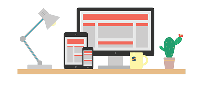 Flat design illustration of a work desk setup featuring a desktop monitor, a tablet, and a smartphone, all displaying matching website interfaces. The scene includes a desk lamp, a coffee mug with a smiley face, and a potted cactus, creating a modern digital workspace that integrates multiple device types for web browsing.