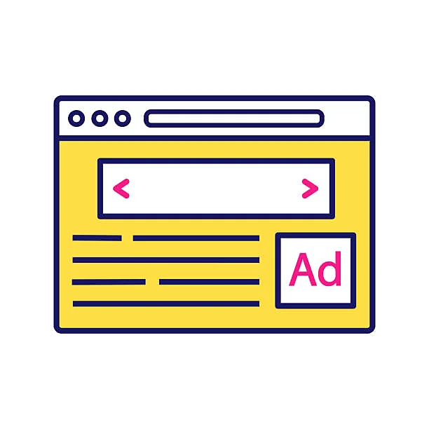 A flat design icon representing a web browser window, predominantly yellow with purple and pink accents. It features a large header carousel with navigation arrows, lines simulating text content, and a prominent square marked 'Ad' on the lower right, indicating an advertisement space. The icon symbolizes a web page layout, emphasizing the strategic placement of ads to attract viewer attention within online content