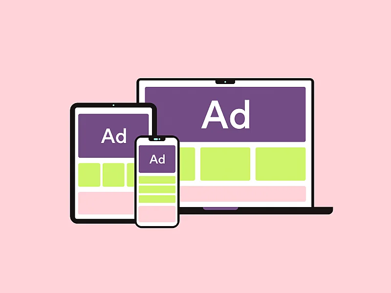 A simplified, stylized illustration featuring a range of devices: a mobile phone, tablet, and laptop, all with screen displays facing forward. Each screen showcases a basic layout of a digital ad, with the word 'Ad' prominently displayed. The laptop has the largest display, with a purple header containing 'Ad' and three green boxes below, suggesting image or content placeholders. The tablet and phone have similar layouts scaled down to their respective sizes. The background is a soft, plain pink, highlighting the devices and ads for easy viewing. This image serves as a representation of how digital ads are adapted across different devices for marketing campaigns