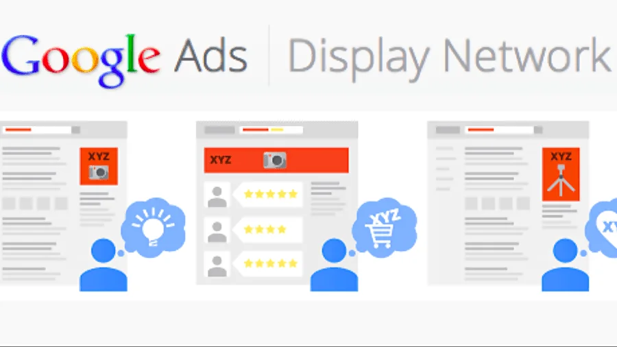 The image features a stylized representation of the Google Ads Display Network. The top of the image displays the Google Ads logo in its classic multi-colored style followed by the text 'Display Network' in grey. Below, there are three simplified web page layouts, each representing a different aspect of the Display Network. On the left, a figure with a gear symbol suggests targeting options. In the center, a webpage layout includes a camera icon and star ratings, implying ad creative with customer reviews. On the right, a figure with a shopping cart symbolizes conversion tracking. The overall design uses a minimalistic style with flat graphics and a limited color palette.