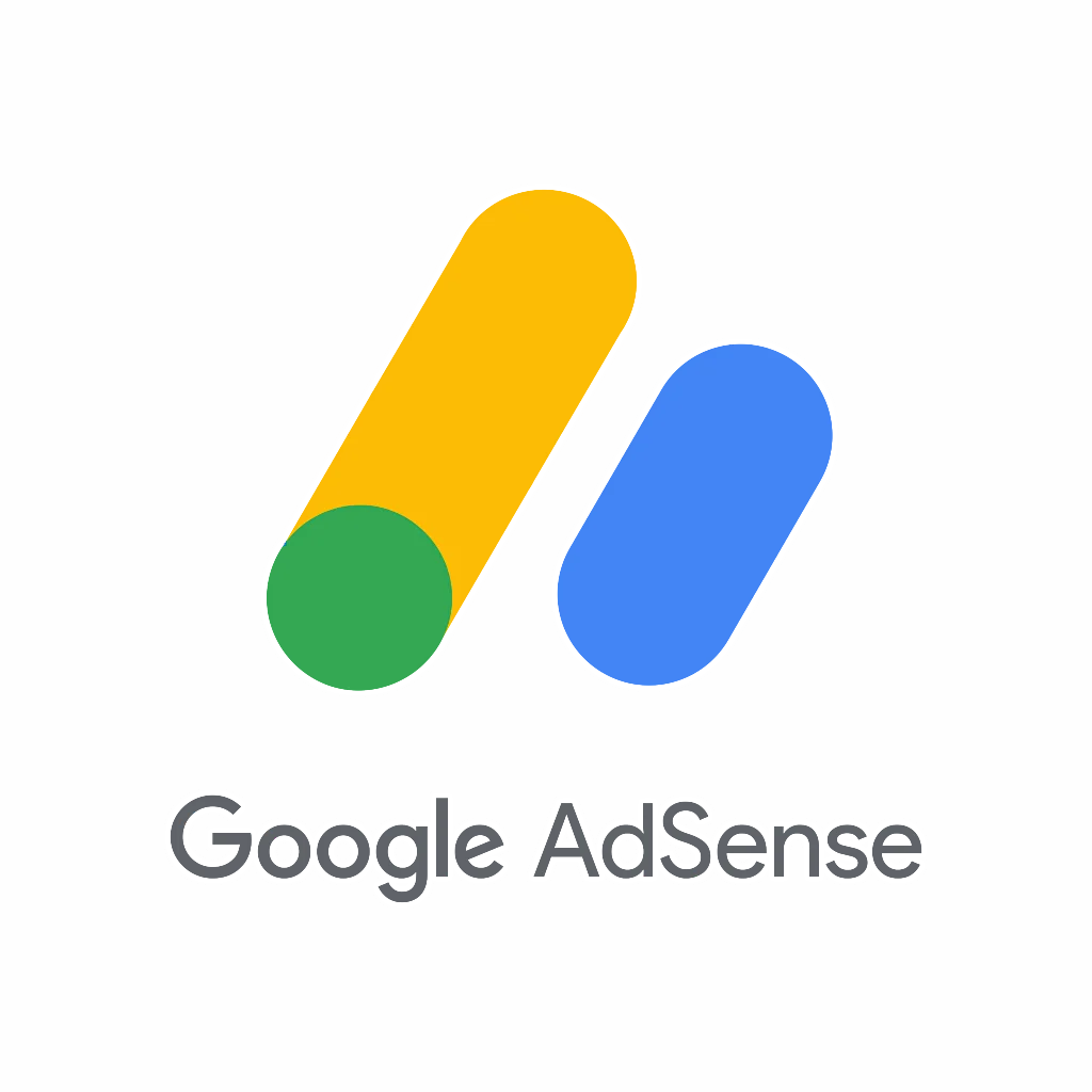 
The image depicts the Google AdSense logo composed of two stylized pills or capsules lying horizontally next to each other, with the left one colored green and yellow, and the right one in blue. Below the capsules is the text "Google AdSense" in grey font. The background is white and the design is simple and modern, conveying the idea of Google AdSense in a clean, minimalist style.