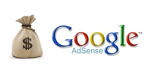 The image shows a canvas money bag with a dollar sign on the front, suggesting earnings or revenue. To the right of the bag is the multicolored Google AdSense logo, with each letter in a different color and 'AdSense' in a smaller grey font. The trademark symbol 'TM' is visible at the end of 'Google'. This visual metaphorically represents the potential of earning money through the Google AdSense program. The background is plain white, bringing focus to the subjects.