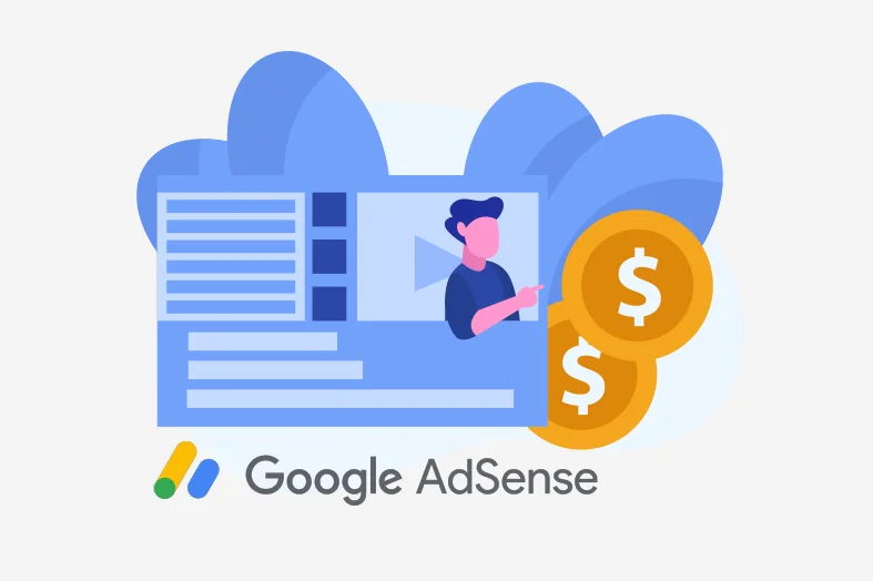 The image depicts a stylized representation associated with monetizing content through Google AdSense. It features a graphic of a computer monitor with a web page layout that includes text and an image of a person pointing to the content. To the right, there are three gold coins with dollar signs, indicating earnings or revenue generation. Behind the graphics, there are abstract cloud shapes in a light blue color, creating a friendly and soft background. Below the illustration, the Google AdSense logo is prominently displayed with its recognizable brand colors. The design is clean, modern, and uses a pastel color scheme.