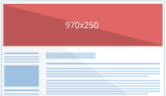 The image is a graphic representation of a webpage layout with a Google AdSense ad size placeholder. At the top, there is a large, red banner ad space with dimensions marked as "970x250" indicating the pixel size of the ad unit. Below this banner, the rest of the webpage is simulated with blue and grey lines and rectangles, suggesting text and other content areas on a webpage. The layout is a visual guide used to demonstrate how a large banner ad fits into a typical web page design, for the purpose of choosing effective ad sizes for monetizing a website.