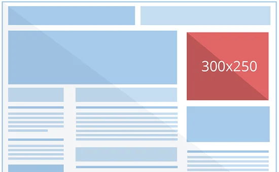 The image features a schematic of a web page layout that includes placeholder graphics for text and images. Central to the layout is a red rectangle with the dimensions "300x250" indicating the size of an ad banner in pixels. This rectangle is offset to the right and surrounded by various light blue rectangles and lines which represent potential content and image placements on a web page. The design is in a muted color scheme with the red ad space being the focal point, illustrating where an ad banner might be optimally placed for visibility on a website. The layout is set against a white background.