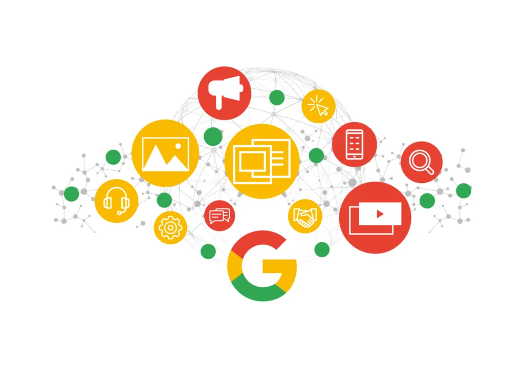 A colorful graphic with interconnected circles representing various digital ad formats, including a megaphone for announcements, images, documents, mobile advertising, search ads, video ads, and Google marketing, all linked to form an integrated advertising strategy.