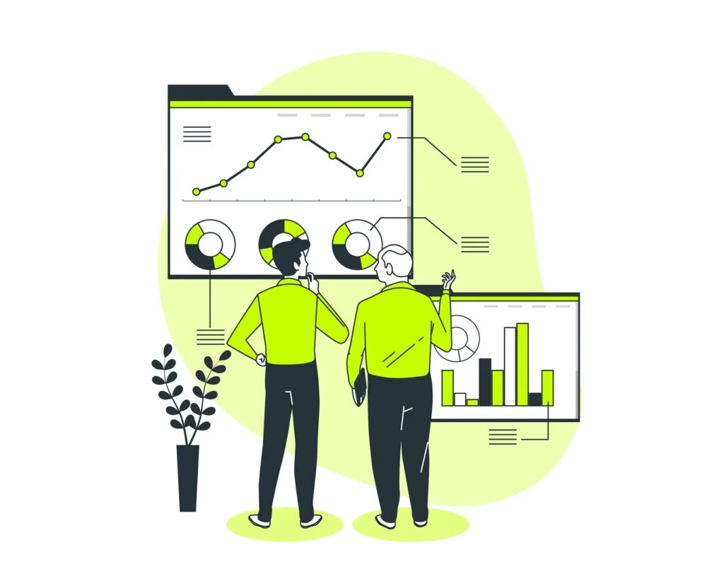 Two individuals in yellow tops are analyzing data visualizations displayed on large screens, including line and bar graphs, and pie charts. The background is simplified with a light green hue, and there’s a plant to the left of the image.