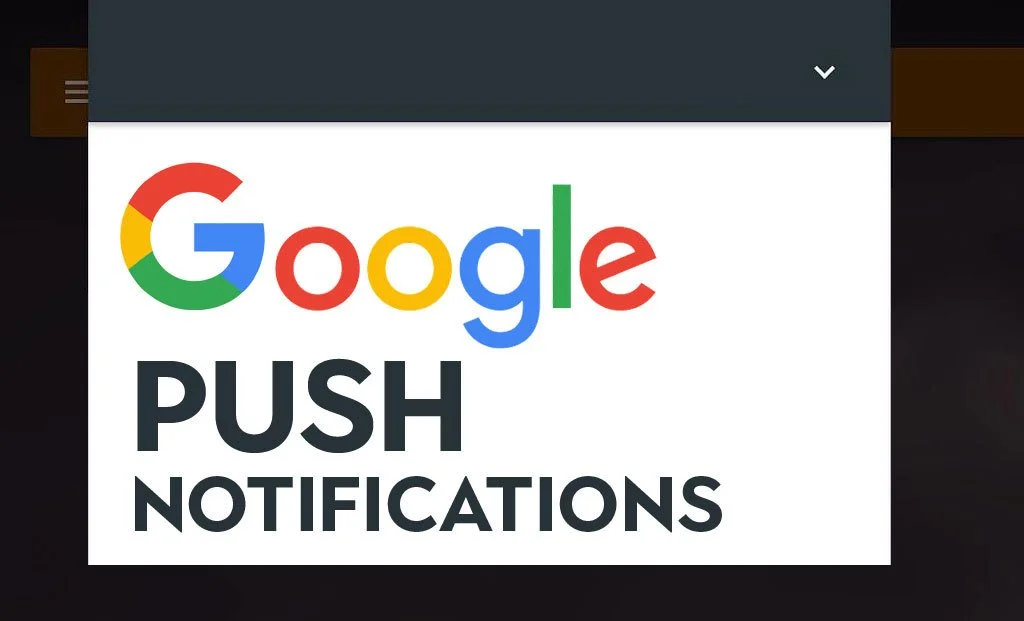 A digital notification with the colorful Google logo at the top, followed by bold black text reading ‘PUSH NOTIFICATIONS’ against a white background, flanked by interface elements on both sides.