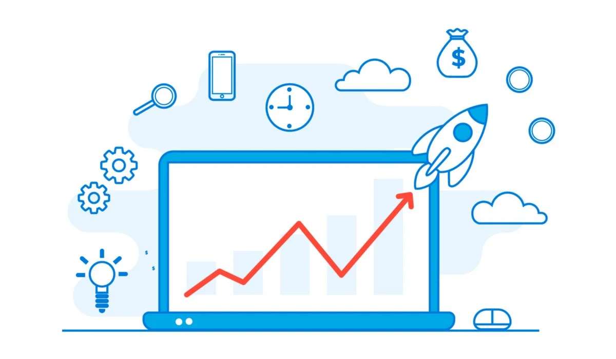 A laptop screen displays a rising trend line graph, symbolizing growth, with a rocket ascending along the curve, illustrating rapid improvement or success. Surrounding the laptop are icons including a smartphone, a magnifying glass, gears, a light bulb idea, a clock, and a money bag with a dollar sign, representing technology, analysis, innovation, time management, and financial goals. The image suggests a strategic approach to increasing advertising revenue through various digital avenues