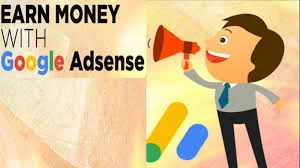 A cartoon illustration of a man with a big smile holding a megaphone, with the text 'EARN MONEY WITH Google AdSense' alongside. The character appears to be announcing or promoting the potential of earning money through Google AdSense. In the background, abstract shapes and warm colors convey a sense of excitement and opportunity