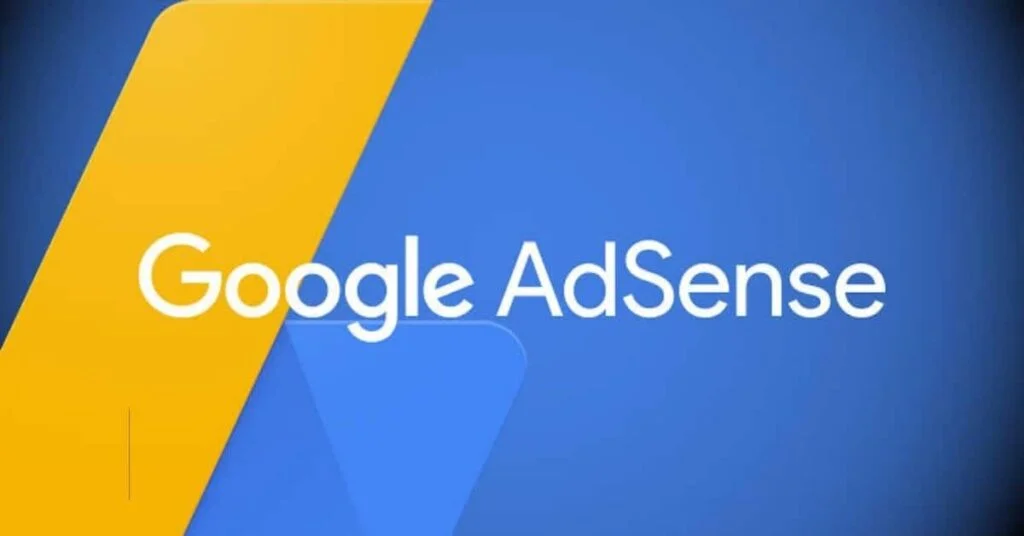 Graphic image with the Google AdSense logo in bold white font, set against a background transitioning from yellow to blue with a sharp diagonal division.