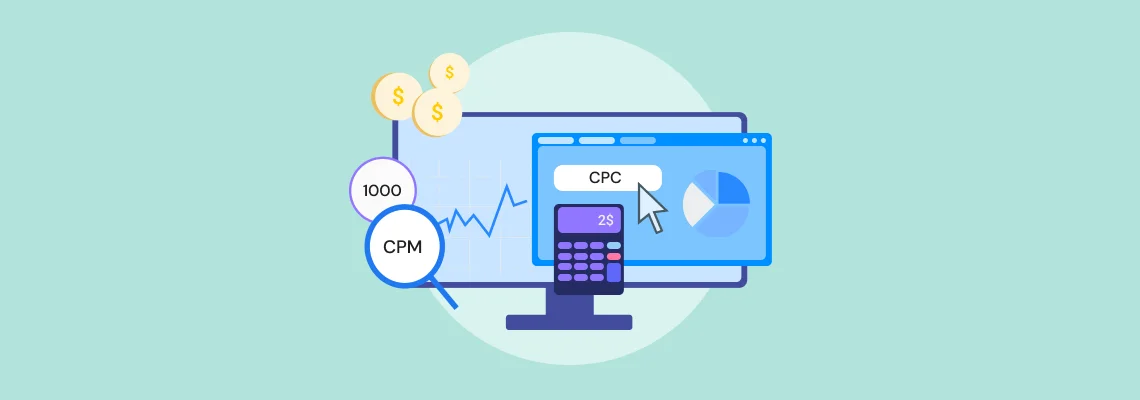 Illustration of a desktop monitor with a pie chart and calculator displaying 'CPC 2$'. To the left, icons representing money and a chart with 'CPM' and '1000' implying metrics for cost per mille and cost per click advertising strategies. The background is a soft mint green