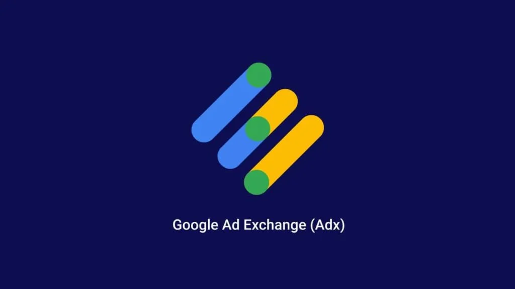Dark blue background with the Google Ad Exchange (AdX) logo comprising three stylized rectangles in blue, green, and yellow. Below the logo is the text 'Google Ad Exchange (AdX)' in white font. The design is simple and corporate, indicative of Google's advertising service platform.
