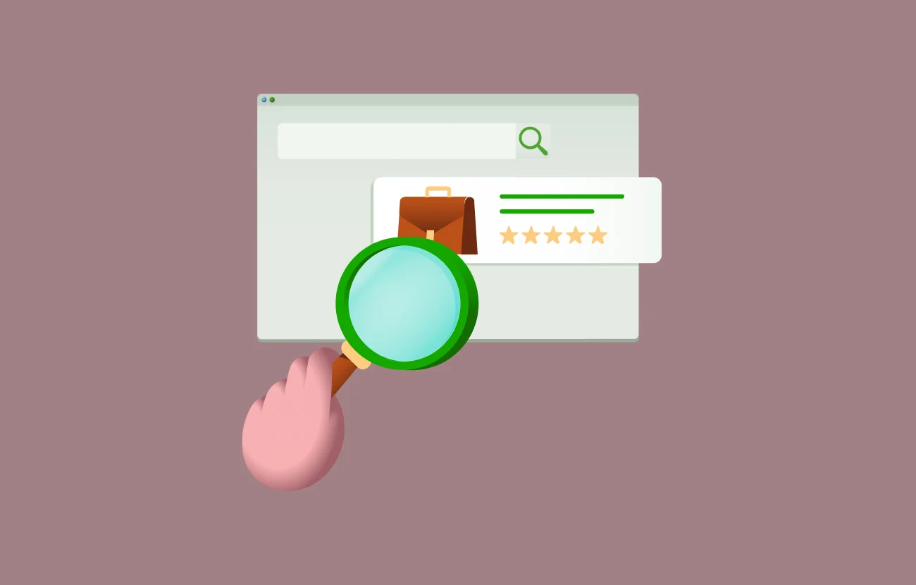 Illustration of a cartoon hand holding a magnifying glass over a browser search bar, which displays an icon of a briefcase and a five-star rating. The image suggests evaluating or searching for high-rated banner ads or services on a website, set against a muted mauve background.