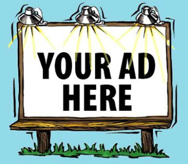 Cartoon of a brightly lit billboard with the words 'YOUR AD HERE' in bold, black letters. The billboard is spotlighted by three lights attached to its top, set against a blue background with a hand-drawn aesthetic, suggesting available advertising space on a website
