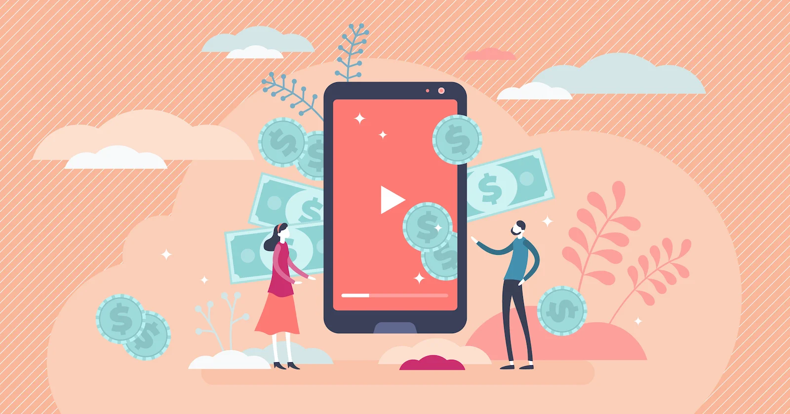 A whimsical illustration showing two characters interacting with a gigantic smartphone displaying a play button on the screen. Floating around the phone are symbols of currency, implying the generation of income through video ads. The background features pastel tones with abstract shapes, suggesting a digital, monetized ecosystem