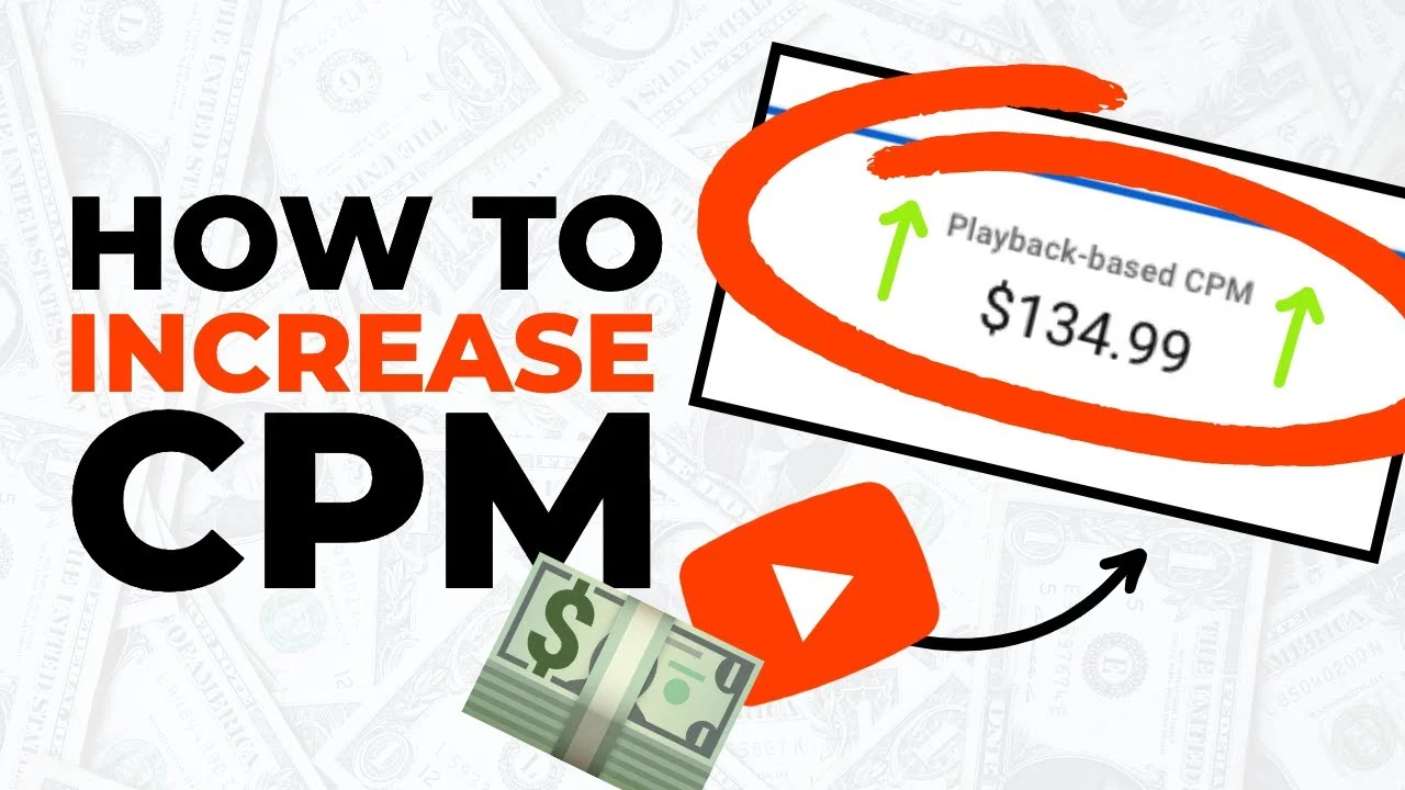An infographic featuring large text ‘HOW TO INCREASE CPM’ with a background of faded dollar bills, a graphic of rolled-up cash, a YouTube play button icon, and an inset showing ‘Playback-based CPM $134.99’ with green arrows indicating an increase