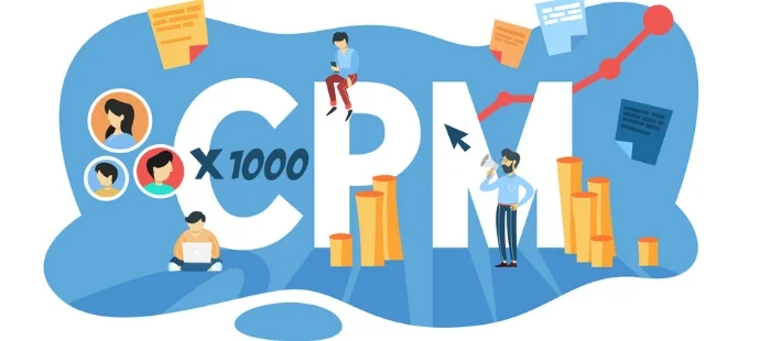 An illustration showcasing strategies to boost CPM on YouTube, featuring large ‘CPM’ text in the center, surrounded by icons and images representing user engagement, including profile pictures, a person working on a laptop, another sitting on a bar graph, and an upward trending graph