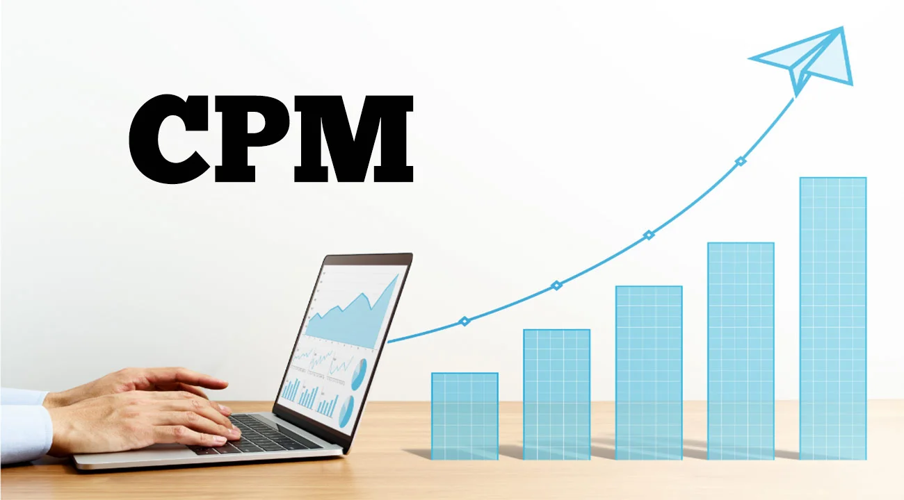 Image of a person using a laptop with analytics on the screen, next to an ascending blue bar graph symbolizing increased YouTube CPM, with a paper plane taking off from the top bar, all under the bold title ‘CPM’