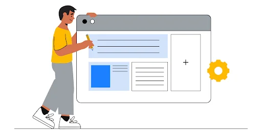 Illustration of a person standing and writing on a giant webpage layout. The page features text lines and placeholders for images and additional content, with a settings gear icon on the side, symbolizing the process of creating or optimizing a website for ad monetization.