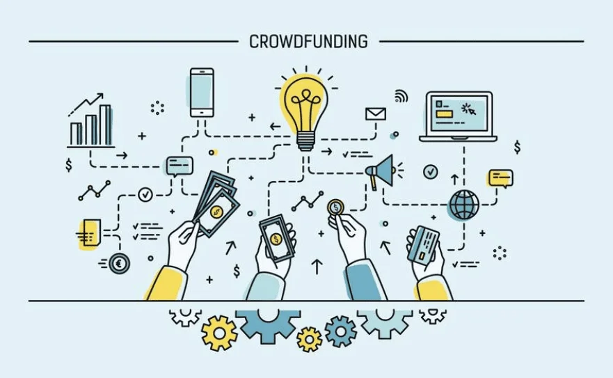 Line drawing of various crowdfunding and financial activities with the title 'CROWDFUNDING' at the top. Icons include hands exchanging money, a lightbulb for ideas, a loudspeaker for promotion, a mobile device, a laptop with a credit card, gears for mechanics, and graphs indicating growth. The image represents the concept of raising funds through collective effort, which can be analogous to monetizing a website through advertising and community engagement