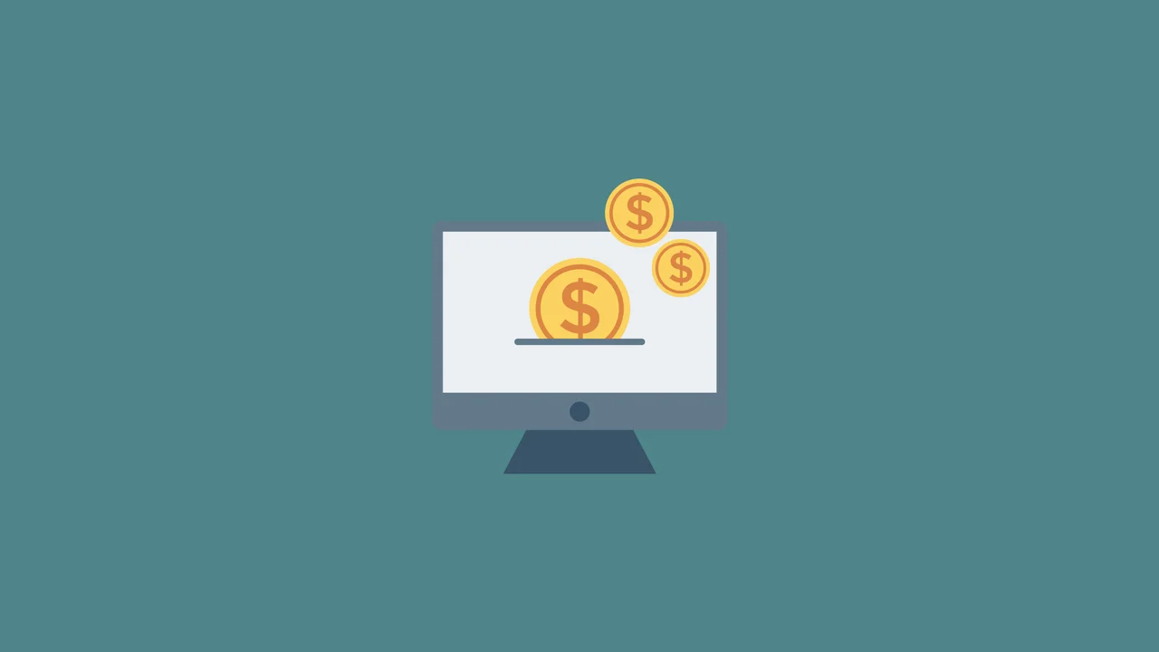 A simplistic illustration of a desktop monitor with three golden coins on the screen, set against a teal background. This symbolizes the concept of earning money online, likely through a website or blog, as presented in a guide for monetizing Blogger without using AdSense.