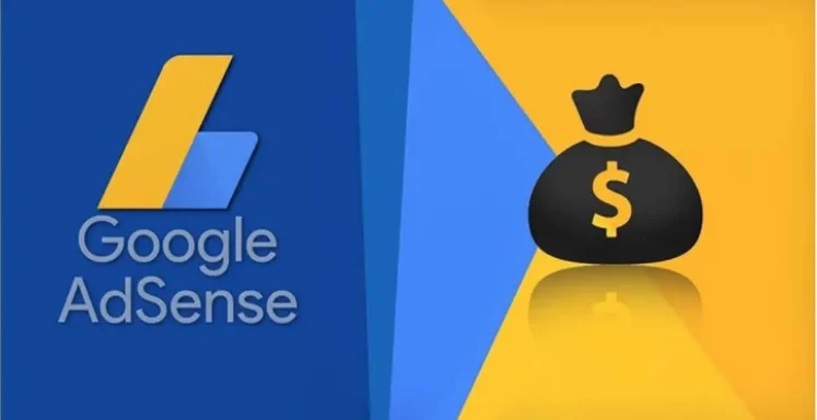 A split image with the left side showing the Google AdSense logo on a blue background and the right side displaying a crowned black money bag with a dollar sign, on a yellow background, representing the potential to earn through Google AdSense without a website or blog