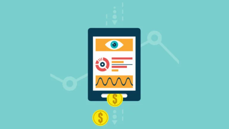 A graphic illustration showing a tablet displaying various visual elements including an eye, graphs, and lines, with two gold coins falling out of it against a teal background, representing the concept of monetizing digital content.