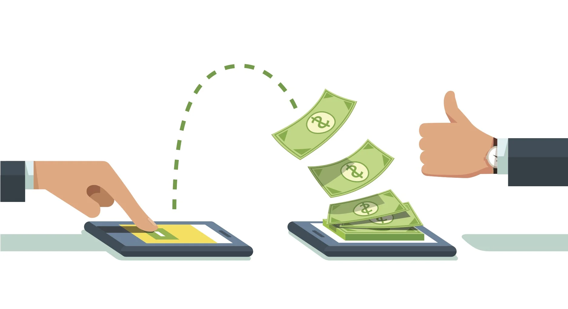 A graphic illustration showing a hand pressing a button on a tablet, resulting in money flying out and landing on another tablet, with another hand giving a thumbs up, symbolizing the profitable outcome of an online business strategy
