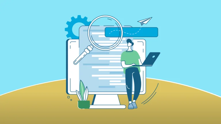 A stylized illustration featuring a person with a laptop standing next to a large computer monitor displaying text, with a magnifying glass in the foreground and gears and paper plane in the background, set against a blue and yellow backdrop, symbolizing the integration of news content with profitable monetization strategies